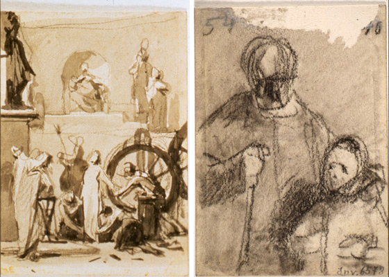 Guardassoni Alessandro-Studio compositivo per il martirio di Santa Caterina d'Alessandria alla ruota dentata (recto) - Figura in piedi con un bambino a mezzo busto(verso)